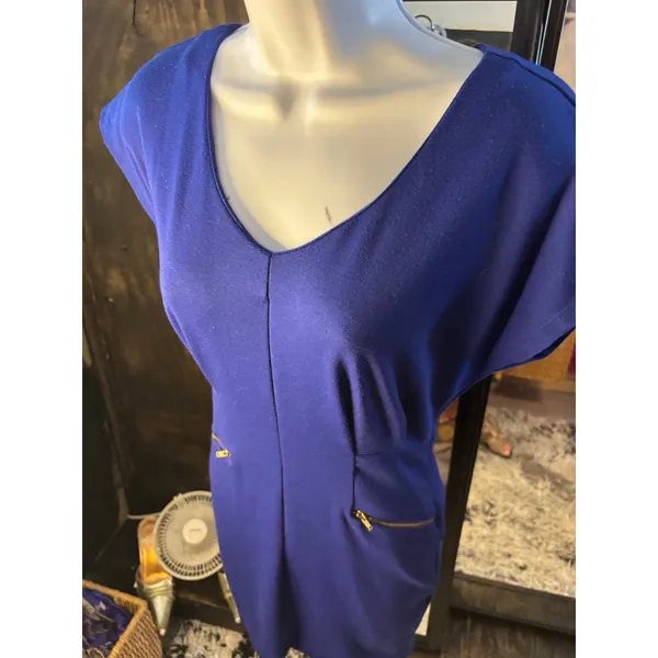 Forever‎ 21 Royal Blue Cap Sleeve Sheath Dress Gold Zip Pockets Size S - Image 4