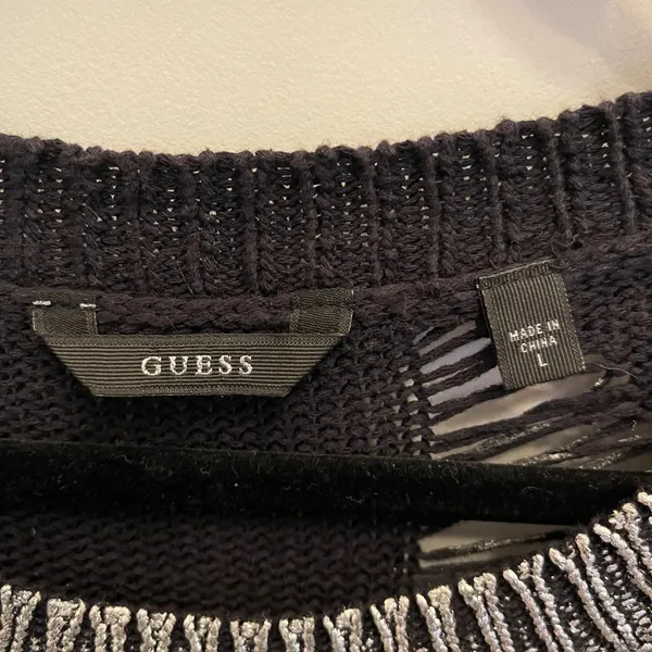 Guess Metallic Silver Black Distressed Knit Sweater Womens L‎ Chunky Oversized - Image 2