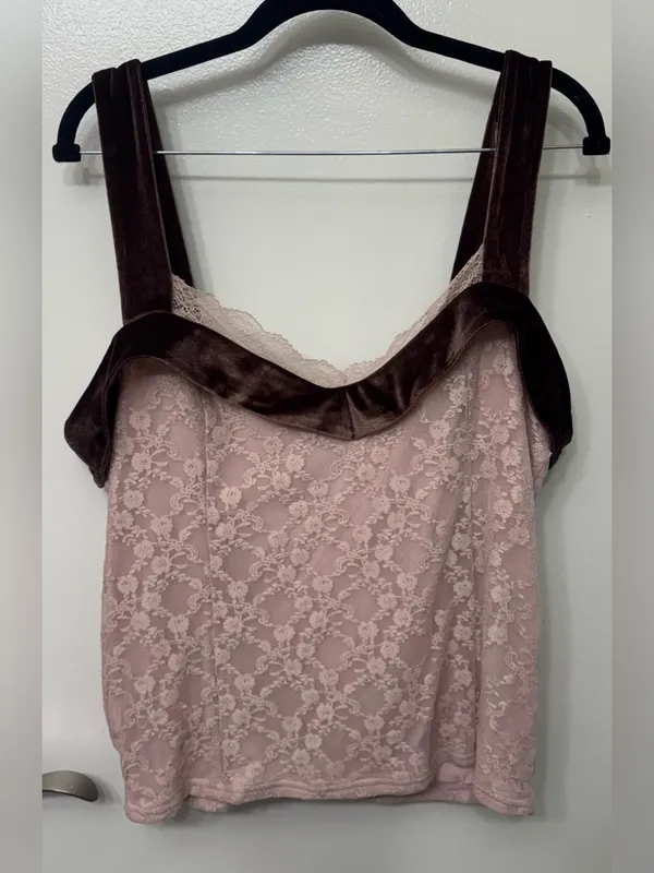 NWT By Anthropologie Velvet Trim Lace Tank Top | Romantic Cami - Image 2