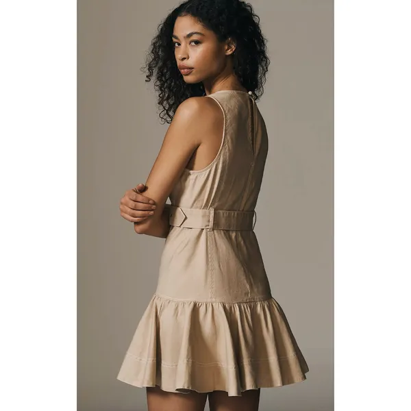 Maeve By Anthropologie V Neck Belted Drop Waist Mini Dress Tan US 6 NWT - Image 2