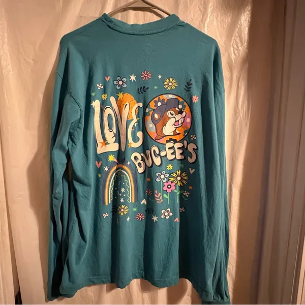 Buc-ee's Long Sleeve Tee‎ Women’s Sz Large Teal Love Flowers Rainbow Travel - Image 5