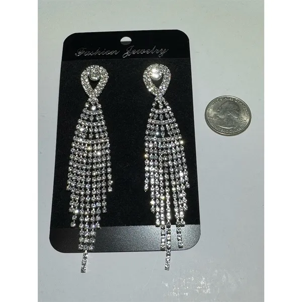 Silver Rhinestone Tassel Chandelier Dangle Earrings Glam Statement formal - Image 2