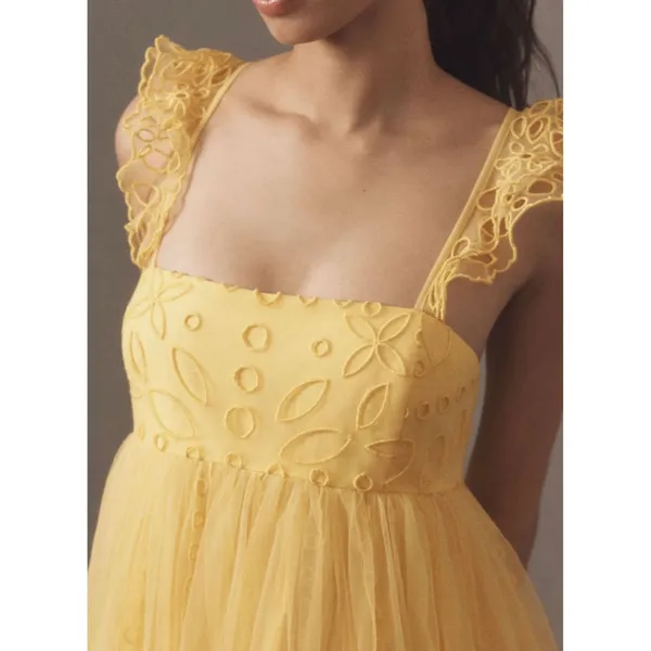 Anthropologie Let Me Be Yellow Eyelet Tulle Mini Dress M Yellow - Image 4