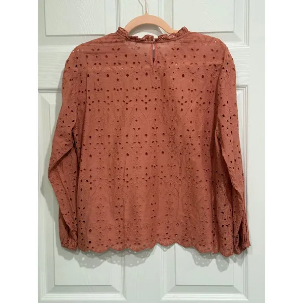Zara Woman Premium Denim Collection Eyelet Blouse Terracotta Coral Ruffle Neck M - Image 5