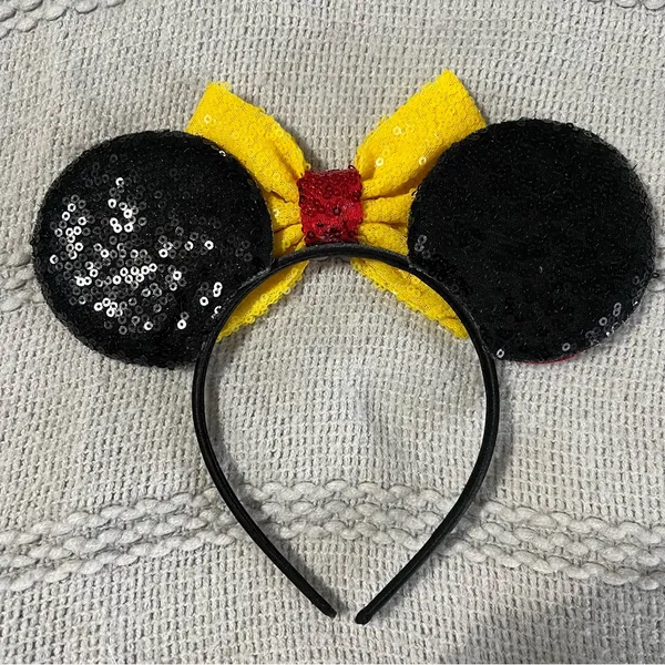 Mouse Ears Sequin Headband Yellow Bow Red Polka Dot White Glove Costume - Image 3