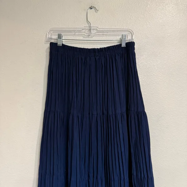 Scott Taylor Crinkle Maxi Skirt Navy Tiered Boho 90s Elastic Waist Vintage - Image 7