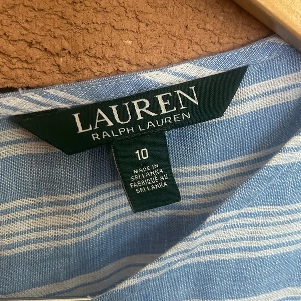 Lauren Ralph Lauren Blue & White Striped 100% Linen Wife Leg Jumpsuit Size 10 - Image 4