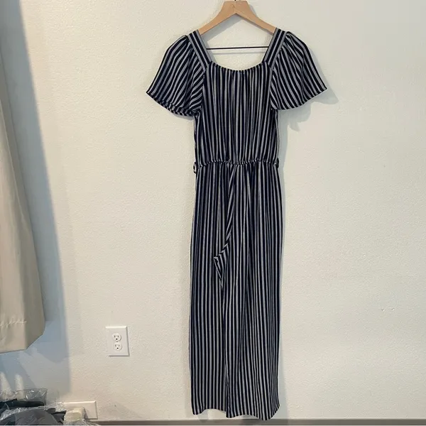 Monteau Crepe Blue &‎ White Striped Flutter Sleeve Jumpsuit Size S - Image 2
