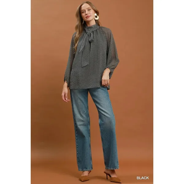 Umgee Dot Print Tie Neck Long Sleeve Blouse - Black - Large - Image 5