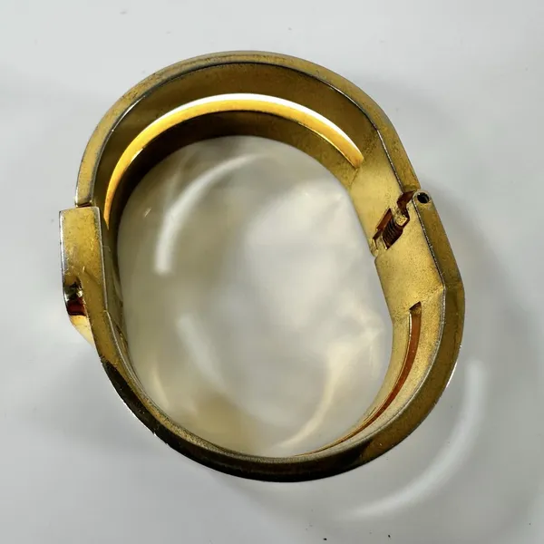 Loewe Gold Tone Black Leather Hinged Bangle Cuff Bracelet 7in Logo Designer - Image 6
