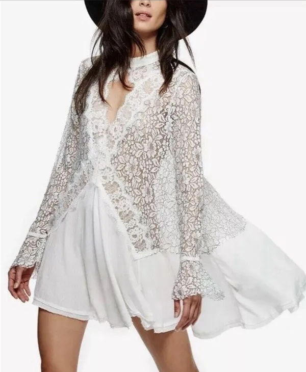 Free People Tell Tale Floral Lace Black & White Asymmetric High Low Dress size M - Image 2