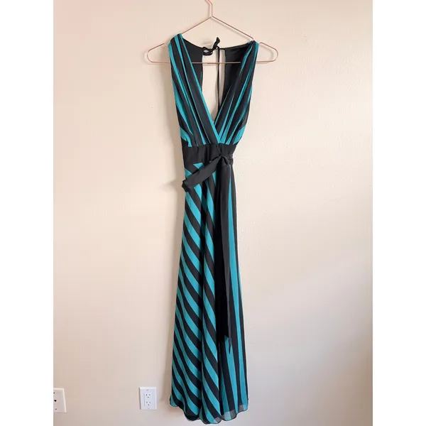 Eva Franco Maxi Dress Womens 6 Teal Black Striped‎ V-Neck Chiffon Gown CF338-H - Image 2