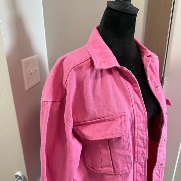 if it were me Oversized Jean Denim Jacket‎ Bubblegum Pink Snap Front Coquette S - Image 4