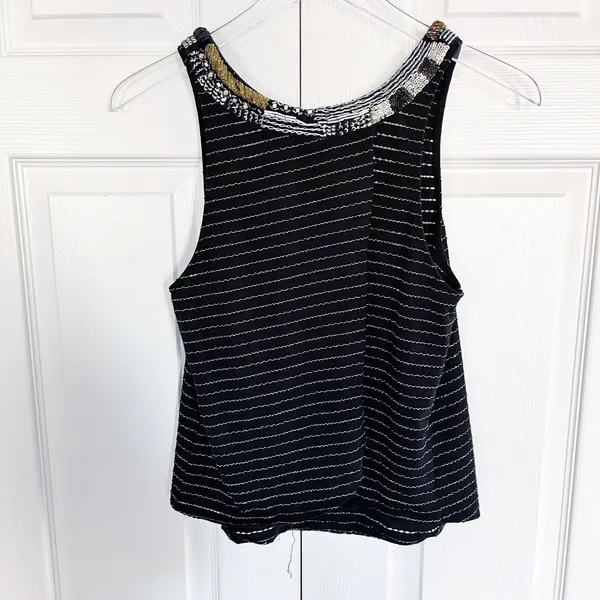 Free People Aztec Louie Beaded Split Back Tank Top Black Boho Festival Y2K Indie - Image 8