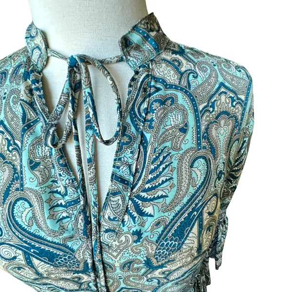 Paani Teal Paisley Tiered Babydoll Dress Flowy‎ Vneck Tassle High Waisted Flowy - Image 6