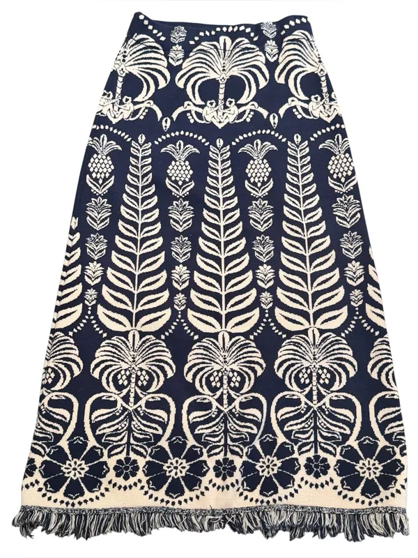 FARM Rio Ainika Tropical Splendor Knit Midi Skirt Navy Blue Cream Fringe M - Image 5