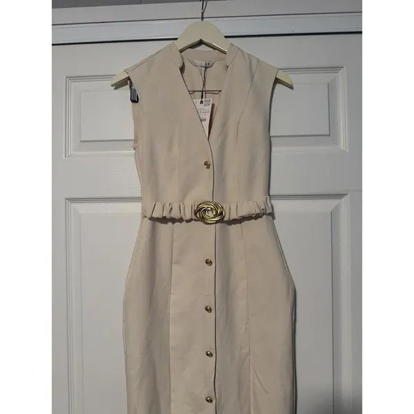 Zara Ecru Midi Dress Gold Buttons Sophisticated Minimalist Quiet Luxury Cream - Image 2