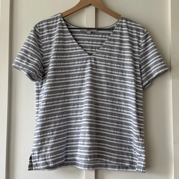Loft Blue and White Textured Stripe V-Neck Tee - Image 8