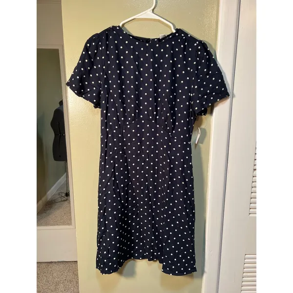 Old Navy Women's Size Medium Crepe Mini Dress Navy Blue White Polka Dots Short - Image 2
