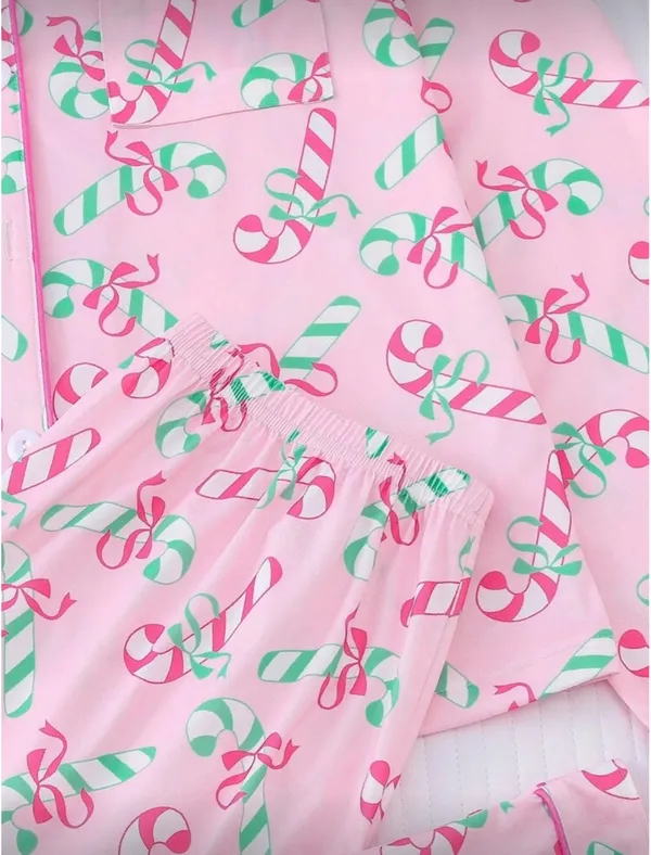 SheIn 2pcs/Set Christmas Candy Cane & Gift Print Pajama Set For Women - Image 5