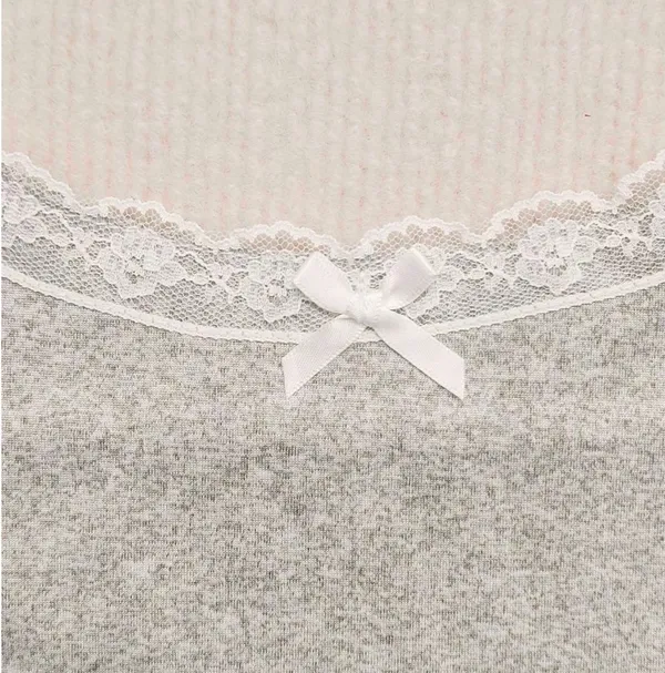 Two-Piece Set Women's Contrast Lace Bow Decor Pajama Set - Image 4