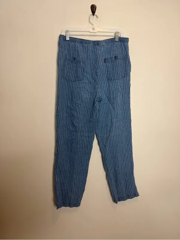 Vintage Lauren Ralph Lauren Linen Pants Womens M Blue Stripe Drawstring Y2K - Image 4