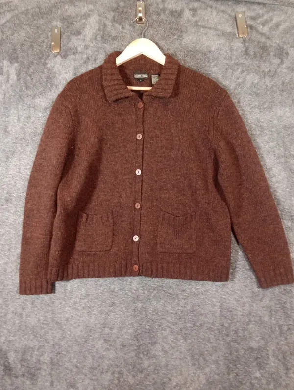 JEANNE Pierre Womens Wool Brown Collared Button Cardigan Sweater Grandpa Vintage - Image 2