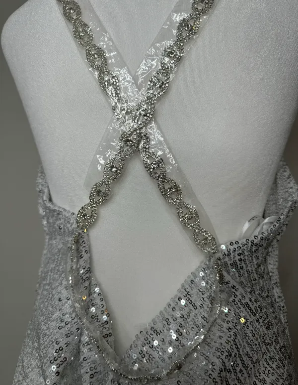 Silver Sequin Cowl Neck Mini Dress Sz M - Image 5