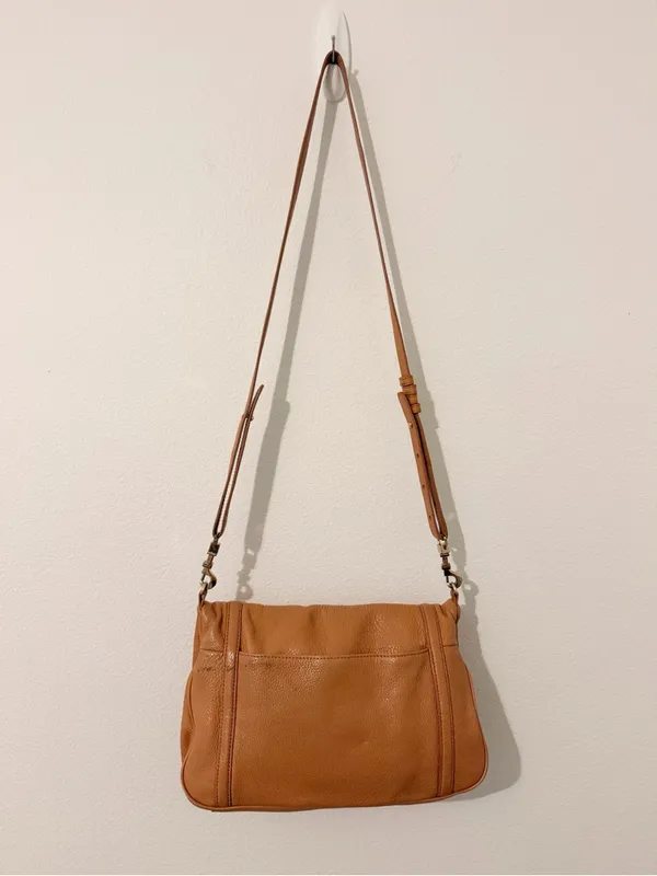 Tory Burch Amanda Fold Over Cross Body Satchel Bag Camel Tan Leather - Image 6