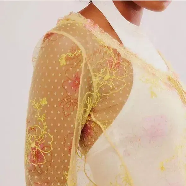 Free People Intimately Postcard From Paris Long Sleeve Top M Yellow Floral Lace - Image 3