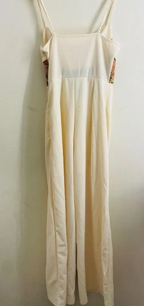 Floral Tapestry Waist Wide Leg Cream Jumpsuit Draped Neck Size M - Image 2