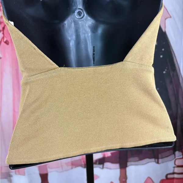 ZARA Olive Green Draped Halter Top with White Wide-Leg Pants - Image 5