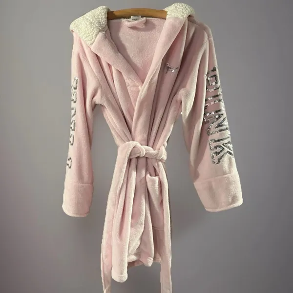 Victoria’s Secret PINK Plush Robe Sequin Logo Sherpa Hood XS/S Spa Bathrobe - Image 2