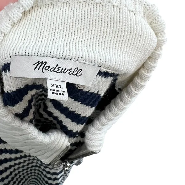 Madewell Ribbed Half-Zip Sweater in Stripe Ivory White Navy Blue‎ Size XXL - Image 12
