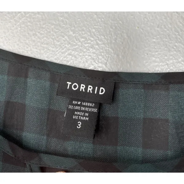 Torrid Sheer Top Plus Size 3 3X Green Black Checkered Gingham Peasant Babydoll - Image 5