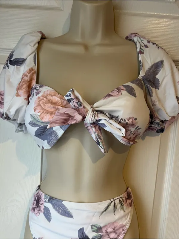 Cupshe XL Eden Floral Puff Sleeve Extra Cheeky High Waist Bikini Set NWT Swim - Image 5