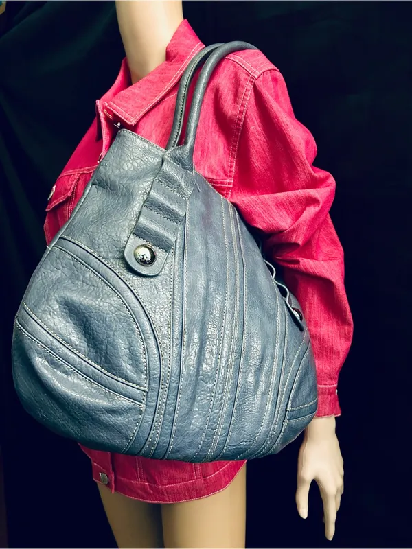 Nine West Large Textured Blue Shoulder Tote with Decorative Stitching - Image 4