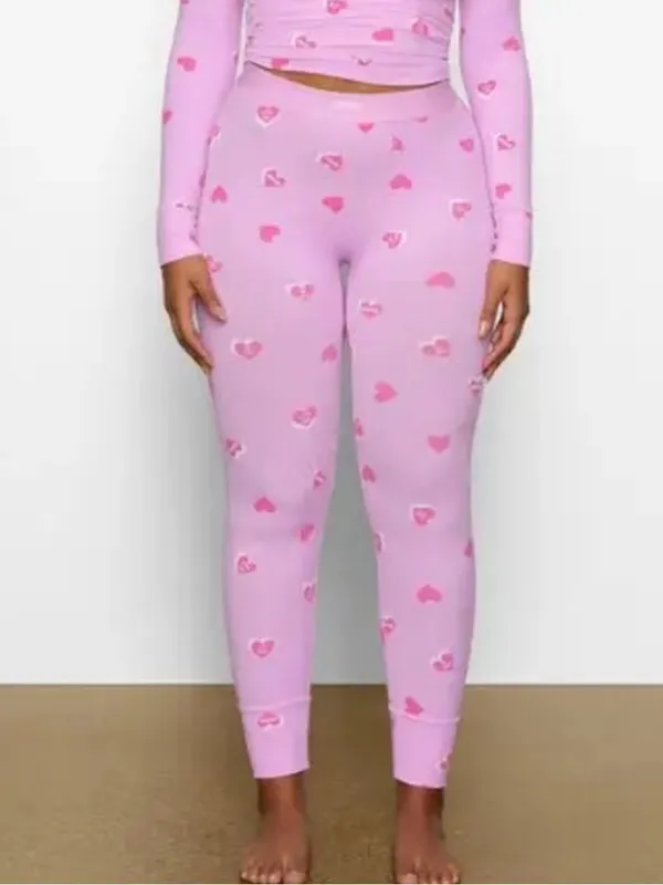 SKIMS SUMMER SLEEP RIBBED LEGGINGS IN PETAL PRINT Pink Heart Small - Image 2