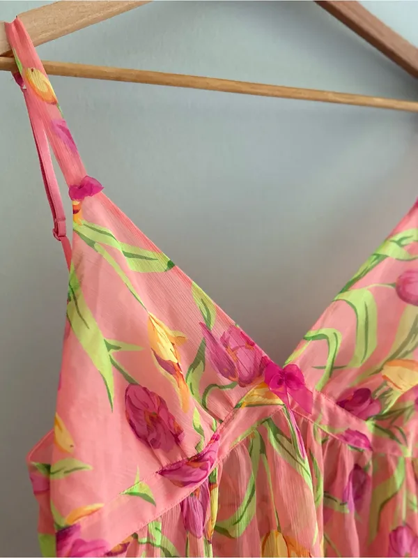 Betsey Johnson Intimates Vintage Peach Sheer Tulip Print Babydoll Lingerie Large - Image 5
