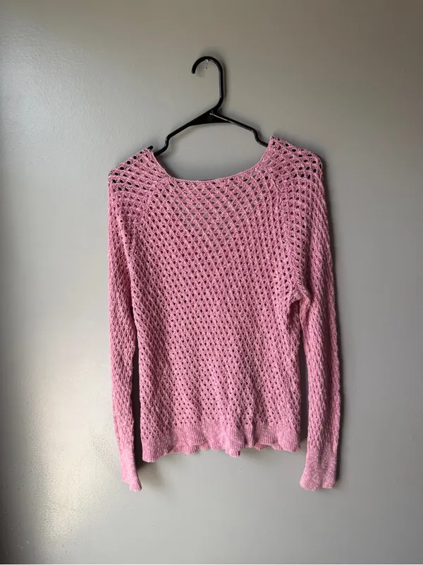 Y2K American Eagle Pink Open Knit V-Neck Sweater Women’s Large Boho Beachy - Image 5