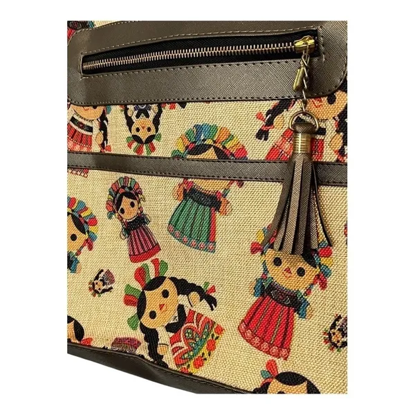 Mexican Doll Tote Bag Womens Medium Tan Brown Multi Folk Art Tapestry Lele‎ Doll - Image 4