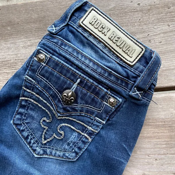 Rock Revival Alivia Jeans 27 Bootcut Dark Wash Embellished Flap Pocket‎ - Image 4