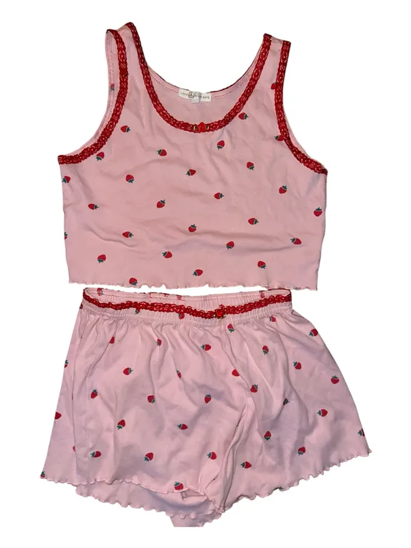 Love Peace & Lazy Days Strawberry Lace Trim Pajama Set Pink Coquette PJs Viral - Image 4