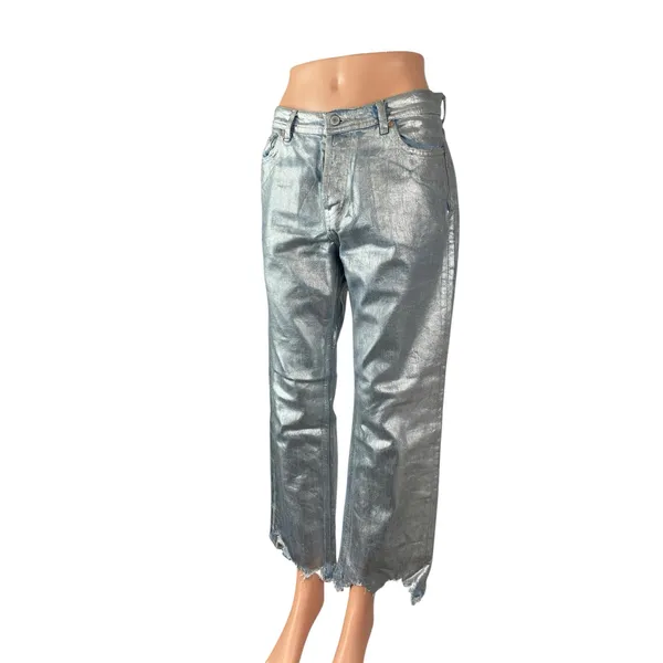 Free People Metallic Silver Raw Frayed Hem Barrel Wide Leg Denim Jeans Pants 26 - Image 3