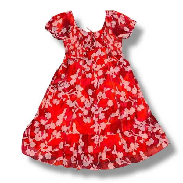 Torrid Floral Crinkle Fabric Tiered Puff Sleeve Smocked Midi Dress Red‎ Pink 12 - Image 15