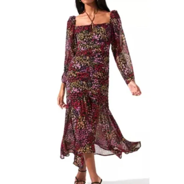ASTR The Label Midi Dress Athena Floral Ruched Ruffled V Wire Women’s M Slim Fit - Image 2