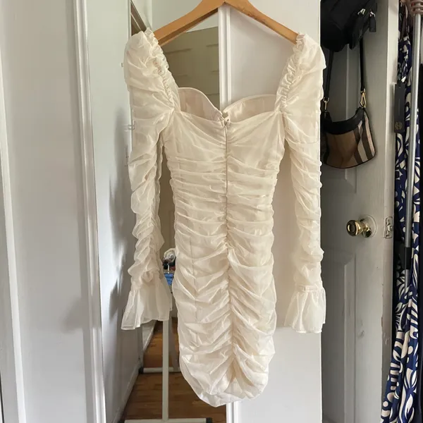 Oh Polly White Ruffled Ruched Bodycon Mini Dress - Image 3