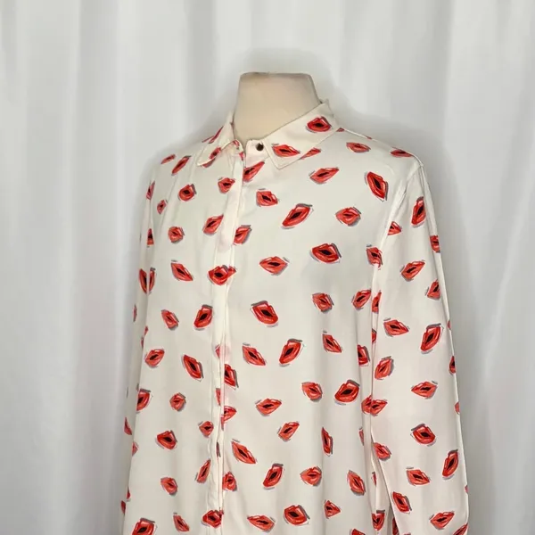 ZARA ZW Collection White Pink Lips Print Buttondown Top Blouse Lipstick X-Large - Image 6