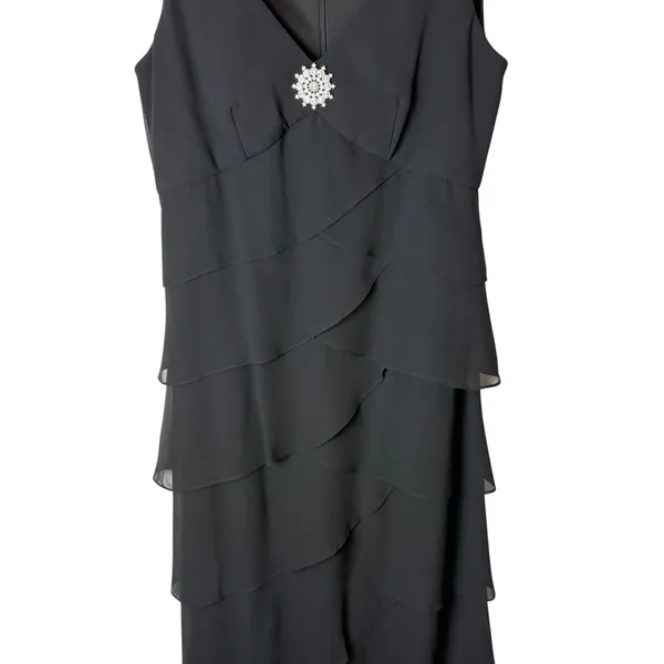 Patra Tiered Ruffle Dress Women 8 Black Rhinestone Brooch Maxi Cocktail Party - Image 7