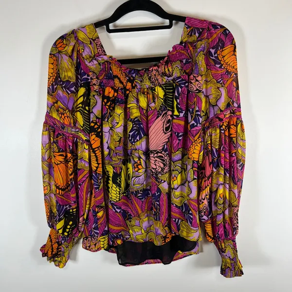 Alexandra Farmer for Anthropologie Butterfly Floral Smocked‎ Blouse Pink XS Boho - Image 9